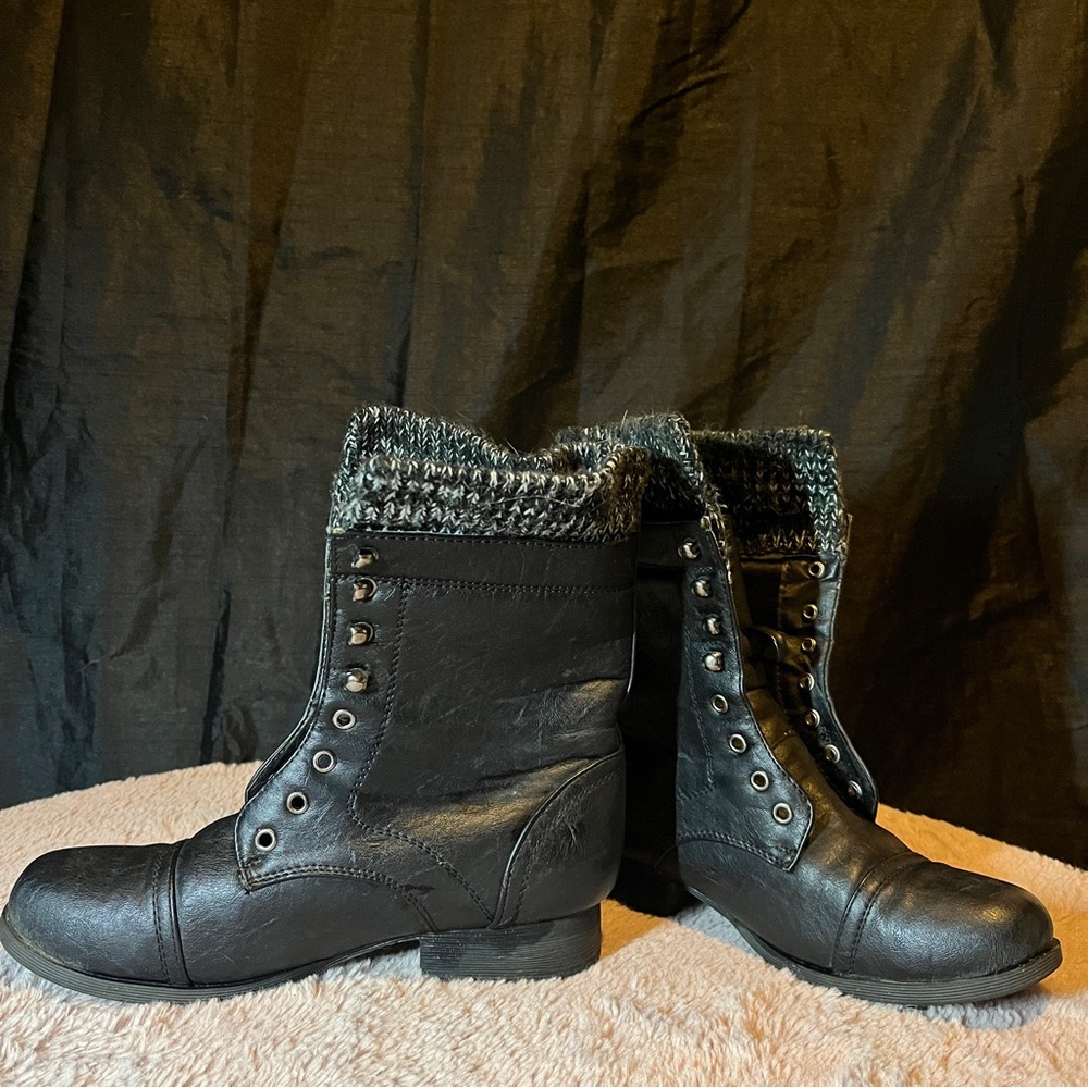 Black Moto Boots with Knit Detail